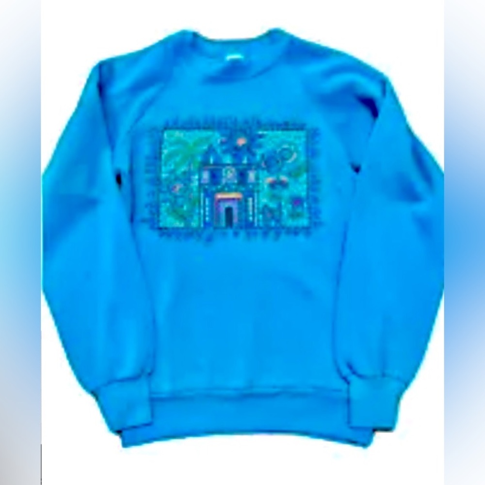 Vintage Etsy Women Blue Green Floral Island Sweatshirt Crewneck Exc Cond Sz XS